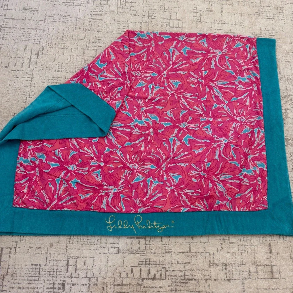 Lilly Pulitzer Pink Floral Teal Border Cotton Beach Towel Blanket Embroidered 72